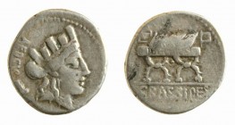 Denier AR
P. Fourius Crassipes, 84 BC, Turreted head of Cybele to right; behind, foot downwards / Curule chair inscribed P·FOVRIVS; in exergue, CRASS...