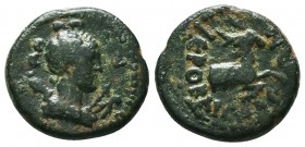 Bronze Æ
Lydia, Hierokaisareia, Pseudo-autonomous issue, c. 1-300 AD, draped bust of Artemis right, quiver at shoulder, bow and arrow before / IЄPOKA...