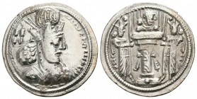 Drachm AR
Sasanian Kingdom, Shapur II AD 309-379, Bust of Shapur II right, wearing mural crown with korymbos and inner ribbon / Fire altar with ribbo...