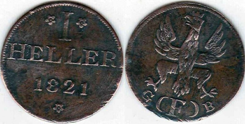 1 Heller
Frankfurt 1821
19 mm, 1,13 g