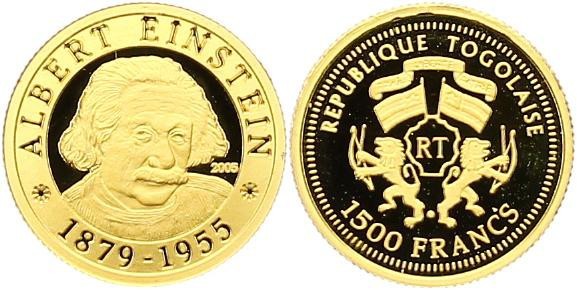 1500 Francs AV
Togo, Albert Einstein, 1/25 OZ, Gold 999/1000, 2005
14 mm, 1,24...