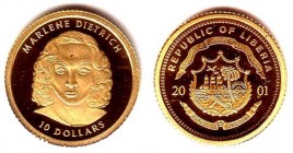 10 Dollars AV
Liberia, Marlene Dietrich, 1/25 OZ, Gold 999/1000, 2001
14 mm, 1,24 g