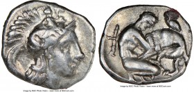 CALABRIA. Tarentum. Ca. 380-280 BC. AR diobol (12mm, 6h). NGC Choice VF. Ca. 325-280 BC. Head of Athena right, wearing crested Attic helmet decorated ...