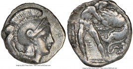 CALABRIA. Tarentum. Ca. 380-280 BC. AR diobol (12mm, 2h). NGC Choice VF. Ca. 325-280 BC. Head of Athena right, wearing crested Attic helmet / TAPAΣ, H...