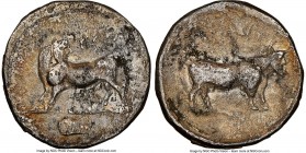 LUCANIA. Laus. Ca. 480-460 BC. AR stater (20mm, 7.08 gm, 10h). NGC (photo-certificate) Choice VF 5/5 - 1/5. ΛAS (retrograde), man-faced bull standing ...