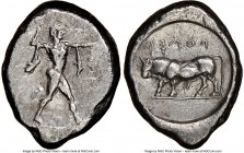 LUCANIA. Poseidonia. Ca. 470-420 BC. AR stater (21mm, 12h). NGC VF, brushed. ΠΟΣEΣ, Poseidon striding right, nude but for chlamys spread across should...