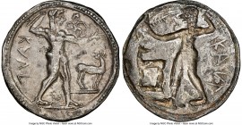BRUTTIUM. Caulonia. Late 6th century BC. AR stater or nomos (29mm, 7.41 gm, 12h). NGC XF 5/5 - 2/5, brushed. KAVΛ (retrograde), full-length figure of ...