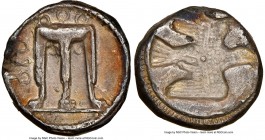 BRUTTIUM. Croton. Ca. 480-430 BC. AR stater or nomos (18mm, 7.57 gm, 5h). NGC Choice VF 4/5 - 3/5, edge chips. ϘPO (retrograde), ornamented sacrificia...