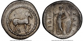 THESSALY. Pharcadon. Ca. late 5th-early 4th century BC. AR obol (11mm, 3h). NGC Choice VF, marks. Horse trotting right / Φ-A-P-KAΔO-NION, Athena stand...
