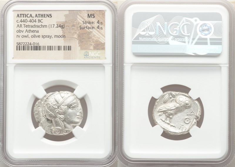 ATTICA. Athens. Ca. 440-404 BC. AR tetradrachm (24mm, 17.24 gm, 1h). NGC MS 4/5 ...