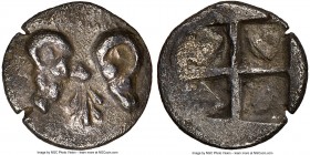 TROAS. Cebren. 5th century BC. AR obol (8mm). NGC XF. Confronted heads of rams, anthemion between / Quadripartite incuse square. SNG Copenhagen 259.

...
