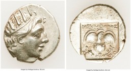 CARIAN ISLANDS. Rhodes. Ca. 88-84 BC. AR drachm (14mm, 2.26 gm, 11h). XF. Plinthophoric standard, Nicephorus, magistrate. Radiate head of Helios right...