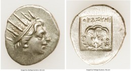 CARIAN ISLANDS. Rhodes. Ca. 88-84 BC. AR drachm (14mm, 2.68 gm, 11h). VF. Plinthophoric standard, Thrasymedes, magistrate. Radiate head of Helios righ...