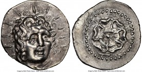 CARIAN ISLANDS. Rhodes. Ca. 40 BC-AD 25. AR drachm (19mm, 4.15 gm, 6h). NGC Choice AU 4/5 - 4/5. Critocles, magistrate. Radiate head of Helios facing,...