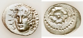 CARIAN ISLANDS. Rhodes. Ca. 40 BC-AD 25. AR drachm (22mm, 4.17 gm, 3h). VF. Radiate head of Helios facing, turned slightly left, hair parted in center...