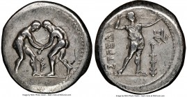 PAMPHYLIA. Aspendus. Ca. 325-250 BC. AR stater (23mm, 1h). NGC Choice VF. Two wrestlers grappling; KY between / ΕΣΤFΕΔΙΥ, slinger standing right, plac...