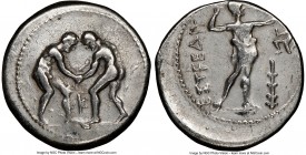 PAMPHYLIA. Aspendus. Ca. 325-250 BC. AR stater (23mm, 12h). NGC VF, brushed. Two wrestlers grappling; AK between / EΣTFEΔIIYΣ, slinger striding to rig...