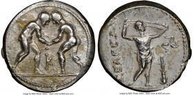 PISIDIA. Selge. Ca. 325-250 BC. AR stater (22mm, 12h). NGC XF, brushed. Two wrestlers grappling, K between / ΣΕΛΓΕΩΝ, slinger striding to right, pulli...