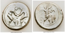 PISIDIA. Selge. Ca. 325-250 BC. AR stater (24mm, 10.16 gm, 12h). Fine, brushed, edge chip. Two wrestlers grappling, K between / ΣΕΛΓΕΩΝ, slinger strid...