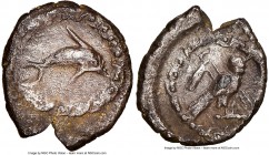 PHOENICIA. Tyre. Ca. 425-333 BC. AR 1/16 shekel (9mm, 0.63 gm, 6h). NGC XF 4/5 - 2/5. Leaping dolphin right / Owl standing right, head facing, crook a...