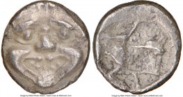 ASIA MINOR. Uncertain mint. Ca. 5th century BC. AR hemiobol (8mm). NGC Choice XF. Gorgoneion facing with open mouth and protruding tongue / Forepart o...