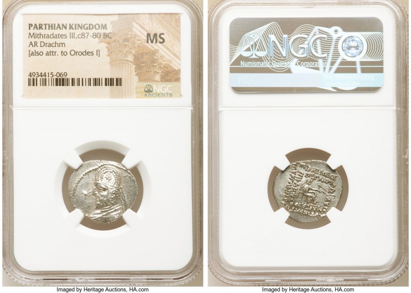 PARTHIAN KINGDOM. Mithradates III (ca. 87-80 BC). AR drachm (20mm, 1h). NGC MS. ...