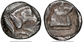 BACTRIA (?). Uncertain mint. Ca. 4th century BC. AR diobol (10mm, 6h). NGC Fine, scratches. Forepart of boar right / Head of roaring lion right; grape...
