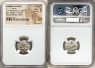 Anonymous. Ca. 211-208 BC. AR victoriatus (16mm, 3.18 gm, 2h). NGC Choice MS 5/5 - 5/5. Luceria. Laureate head of Jupiter right, bead-and-reel border ...