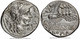 Q. Curtius & M. Silanus (ca. 116-115 BC). AR denarius (20mm, 3.76 gm, 6h). NGC AU 5/5 - 2/5. Rome. Q•CVRT, head of Roma right, wearing winged helmet d...