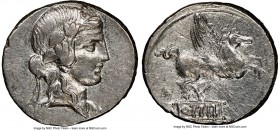 Q. Titius (ca. 90 BC). AR denarius (17mm, 3.73 gm, 1h). NGC XF 4/5 - 3/5. Rome. Head of Liber right, wearing ivy wreath, linear border / Q•TITI, Pegas...