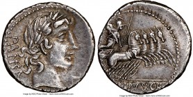 C. Vibius C. f. Pansa (ca. 90 BC). AR denarius (18mm, 7h). NGC XF, bent, marks. Rome. PANSA, laureate head of Apollo right with flowing hair; S before...