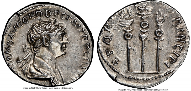 Trajan (AD 98-117). AR denarius (19mm, 7h). NGC Choice XF. Rome, AD 113-114. IMP...