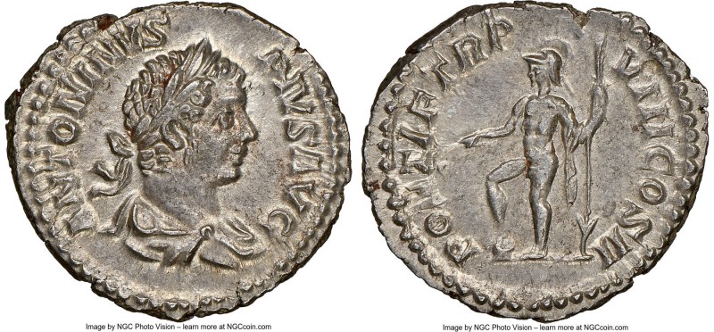 Caracalla (AD 198-217). AR denarius (19mm, 3.13 gm, 1h). NGC MS 5/5 - 5/5. Rome,...