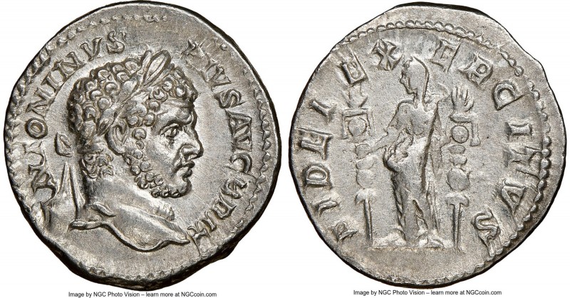 Caracalla (AD 198-217). AR denarius (19mm, 3.08 gm, 5h). NGC AU 4/5 - 3/5. Rome,...