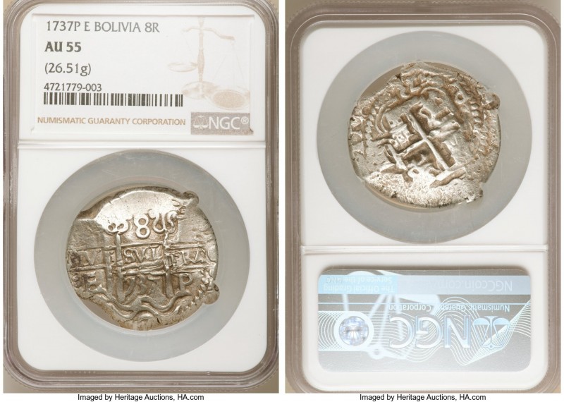 Philip V Cob 8 Reales 1737 P-E AU55 NGC, Potosi mint, KM31a. 25.61gm. 

HID098...