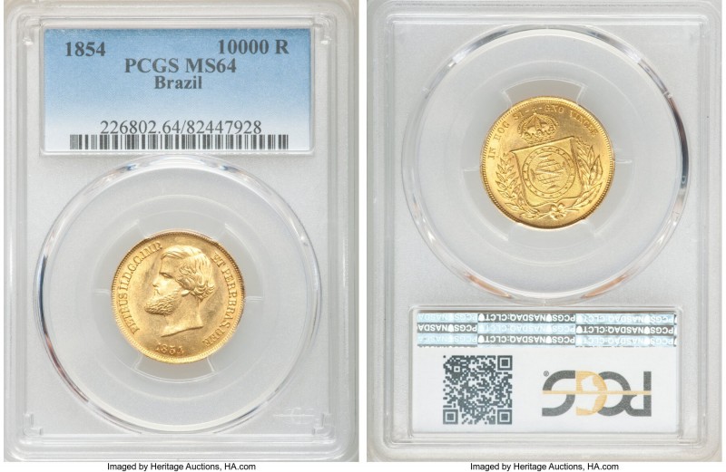 Pedro II gold 10000 Reis 1854 MS64 PCGS, KM467. AGW 0.2643 oz. 

HID0980124201...