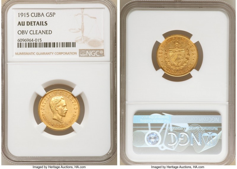 Republic gold 5 Pesos 1915 AU Details (Obverse Cleaned) NGC, Philadelphia mint, ...