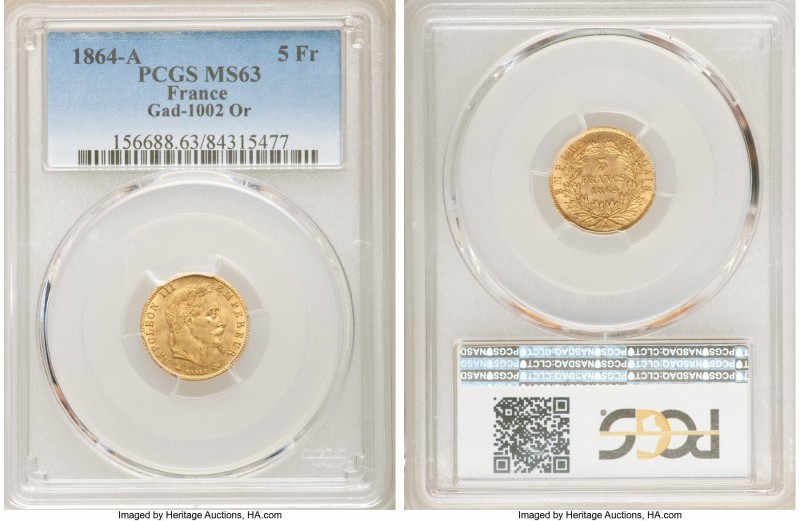 Napoleon III gold 5 Francs 1864-A MS63 PCGS, Paris mint, KM803.1, Gad-1002. AGW ...