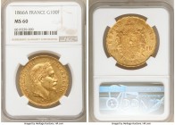 Napoleon III gold 100 Francs 1866-A MS60 NGC, Paris mint, KM802.1, Fr-551, Gad-1136. Mintage: 9,041. Conservatively graded. AGW 0.9334 oz. 

HID0980...