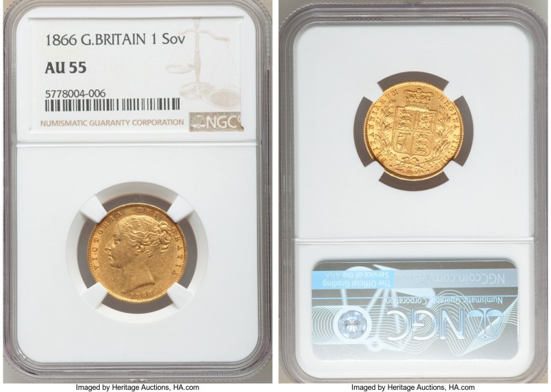 Victoria gold Sovereign 1866 AU55 NGC, KM736.2, S-3853. Die # 43. AGW 0.2355 oz....