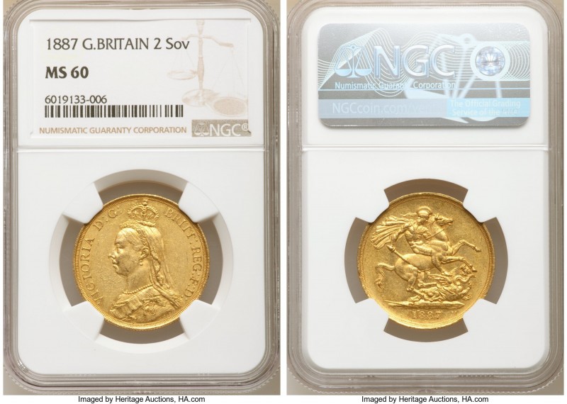 Victoria gold 2 Pounds 1887 MS60 NGC, KM768, S-3865. AGW 0.4710 oz. 

HID09801...