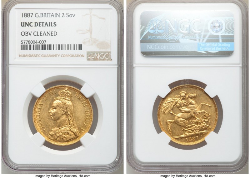 Victoria gold 2 Pounds 1887 UNC Details (Obverse Cleaned) NGC, KM768, S-3865. AG...
