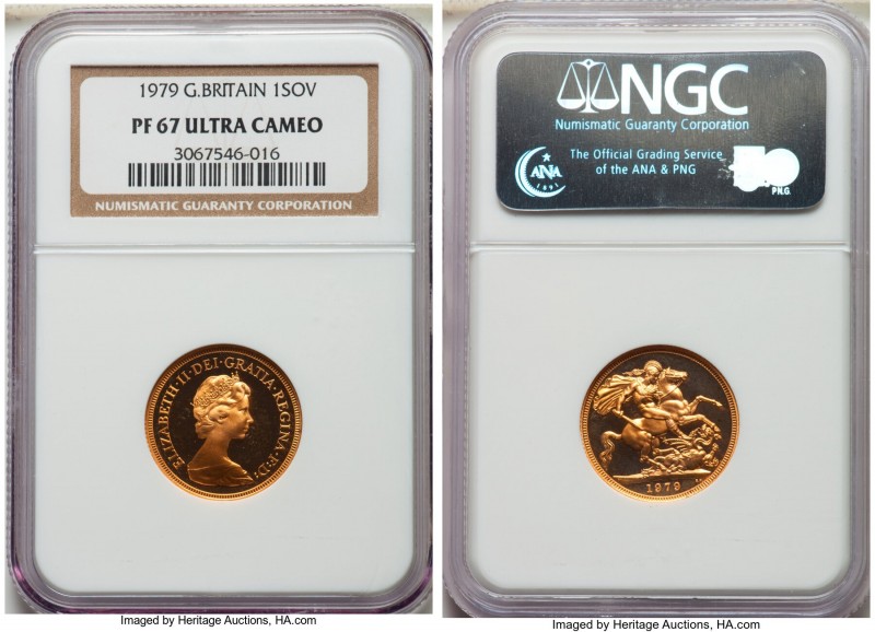 Elizabeth II gold Proof Sovereign 1979 PR67 Ultra Cameo NGC, KM919. AGW 0.2355 o...