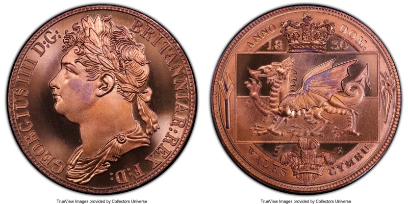 George IV copper INA Retro Fantasy Issue "Wales" Crown 1830-Dated MS68 Red PCGS,...