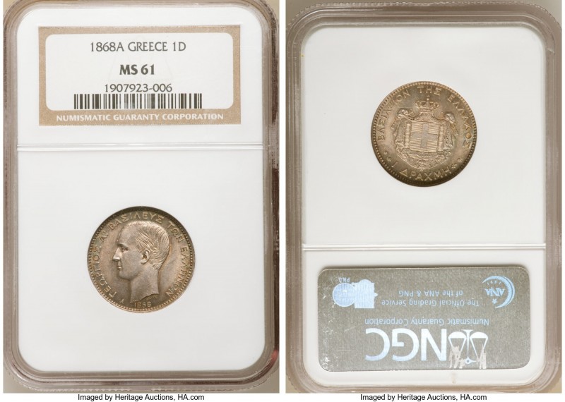 George I Drachma 1868-A MS61 NGC, Paris mint, KM38. Conservatively graded, Laven...