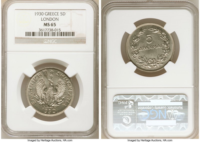 Republic 3-Piece Lot of Certified 5 Drachmai 1930 MS65 NGC, London mint, KM71.1....