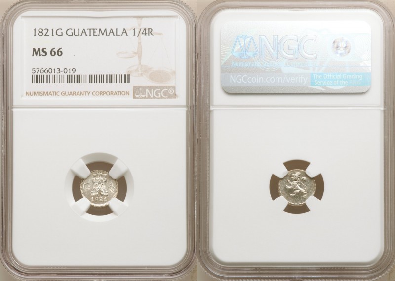 Ferdinand VII 1/4 Real 1821-G MS66 NGC, Nueva Guatemala mint, KM72. Frosty and u...