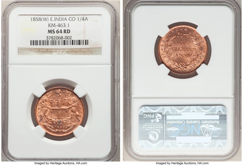 British India. East India Company 1/4 Anna 1858-(w) MS64 Red NGC, Birmingham min...