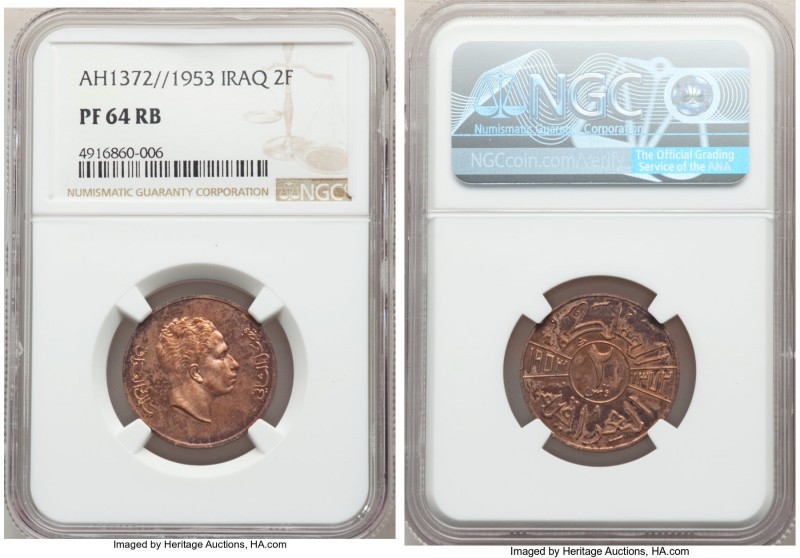 Faisal II Proof 2 Fils AH 1372 (1953) PR64 Red and Brown NGC, Royal mint, KM110....