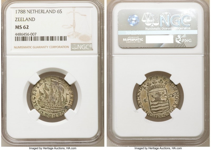 Zeeland. Provincial 6 Stuivers 1788 MS62 NGC, KM90.2. Toned with olive-gold fiel...